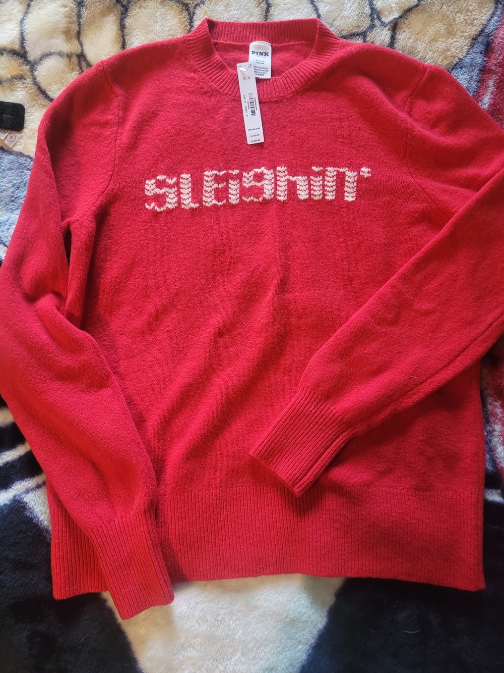 PINK Victoria's Secret Red Crewneck Sweater with 'SLEIGHIN'' Knit